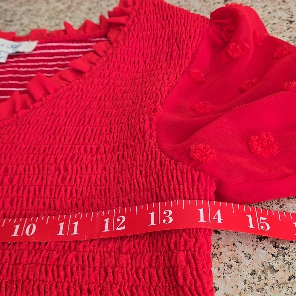 She + Sky Red Stretch Crop Top Semi Sheer Puff Sleeves w/ Popcorn Bumps Size S - Picture 8 of 10
